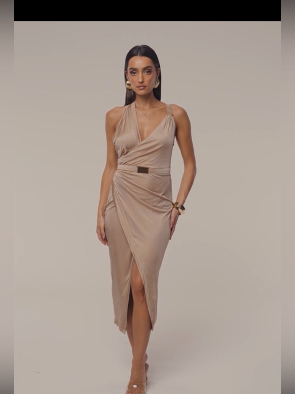 JLUXLABEL Tan Anniversary Belted Wrap Dress